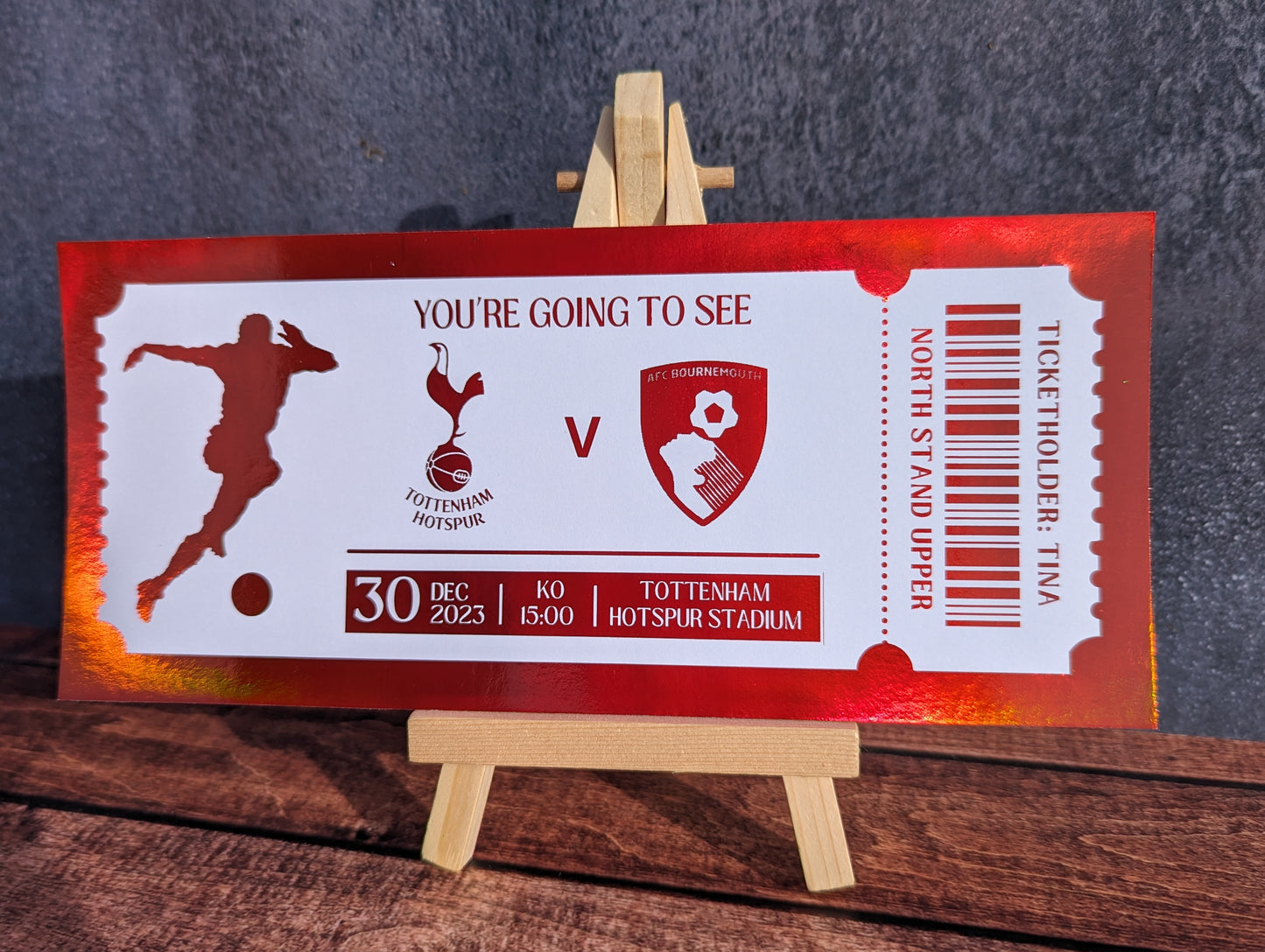 Personalised foil sports ticket e.g. football, rugby, darts - keepsake, gift