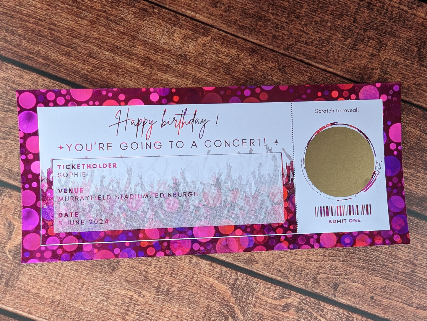 Personalised foil scratch and reveal ticket - any event or occasion - keepsake, gift